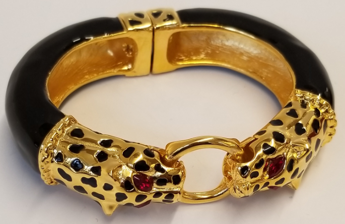 Black Enamel Gold Black Spots Double Leopard Head Bracelet