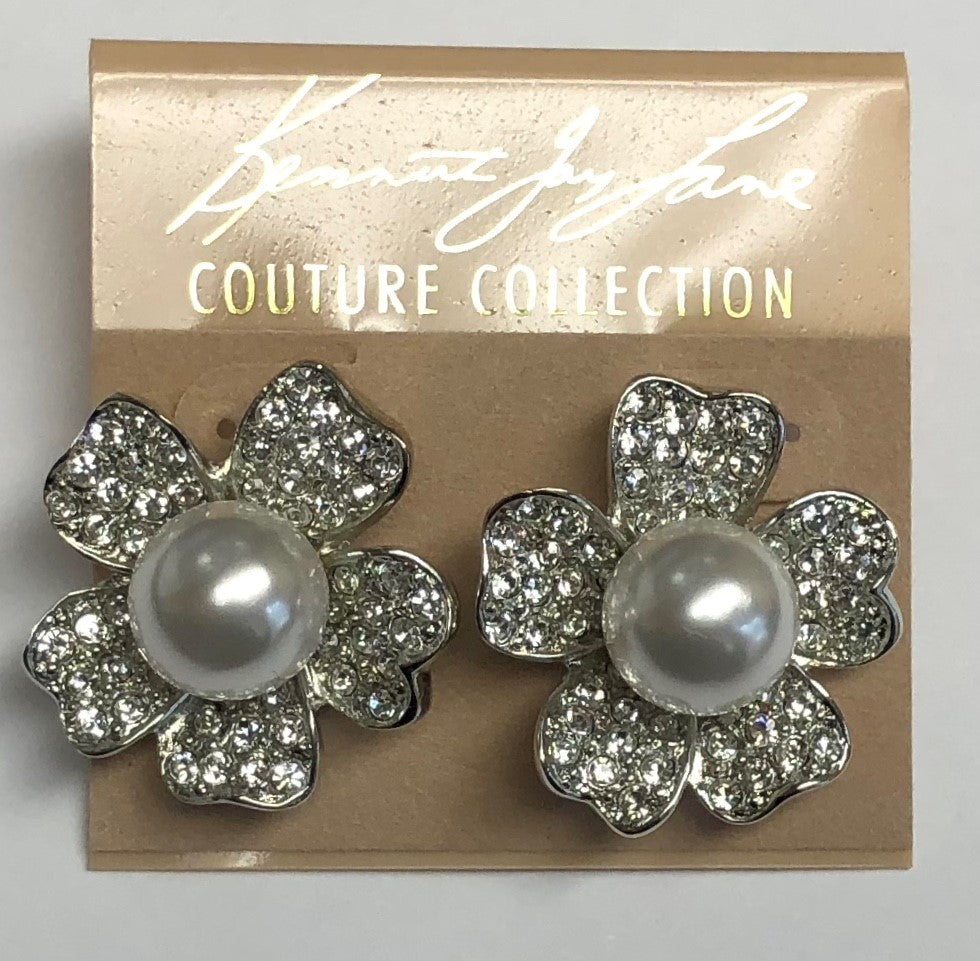 Rhodium Crystal Pearl Center Flower Pierced Earring