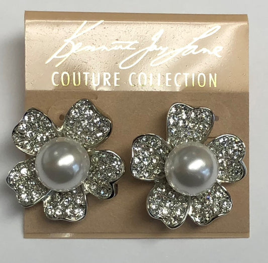 Rhodium Crystal Pearl Center Flower Pierced Earring