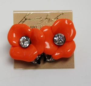 Coral and Crystal Black Line Leaf Flower Clip Earring