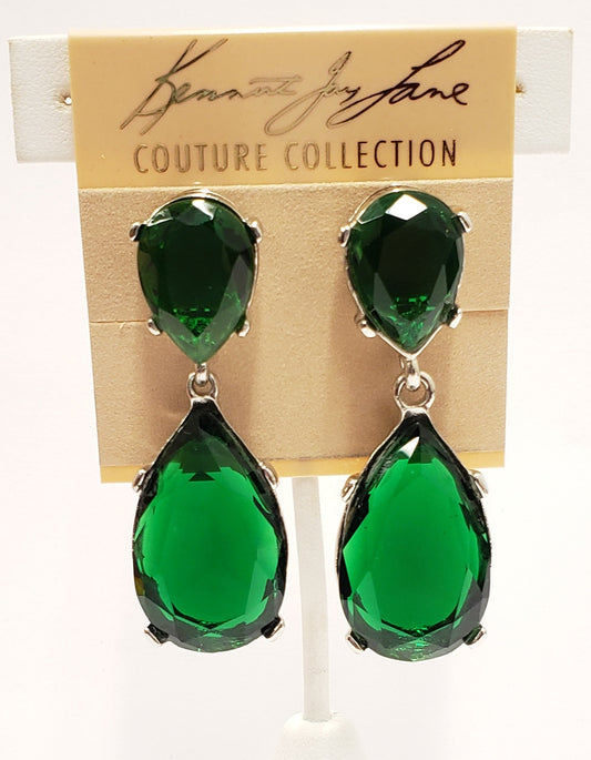 Polished Silver- Emerald Teardrop Clip Earring