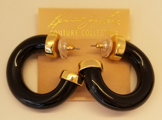 Small Black Polished Gold Ends Hoop Pierced Earring