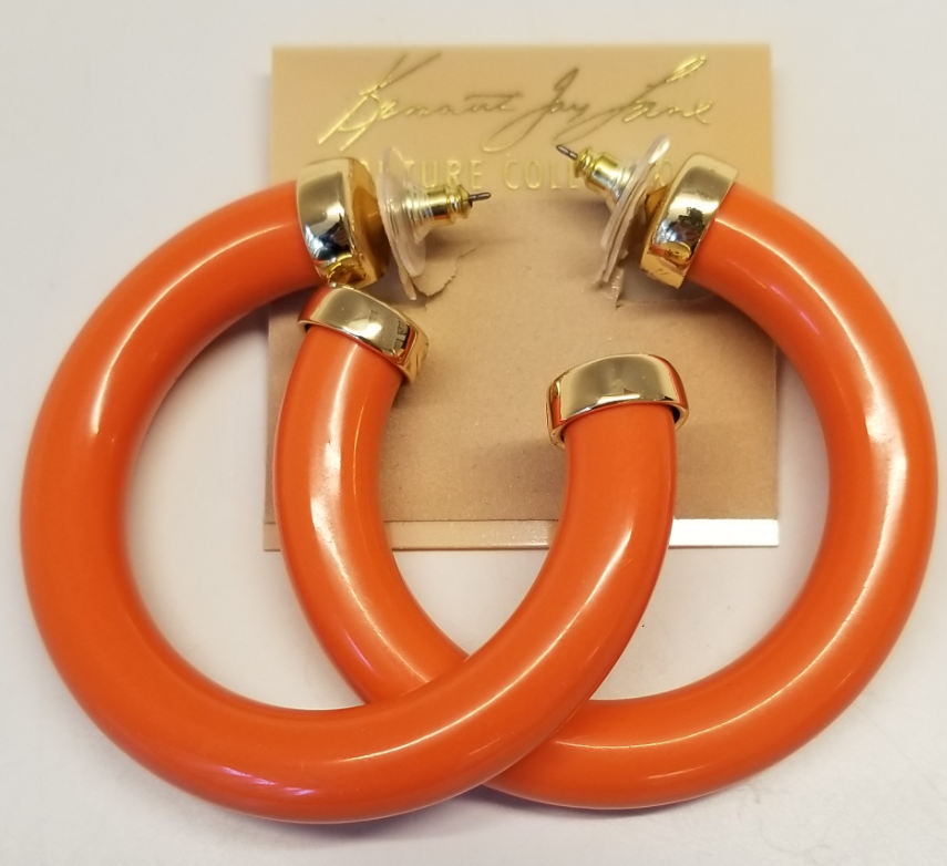 Large Polished Coral Resin Gold Ends Hoop Earrings