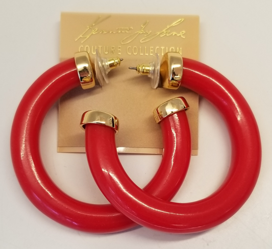 Large Red Polished Gold Ends Hoop Pierced Earring