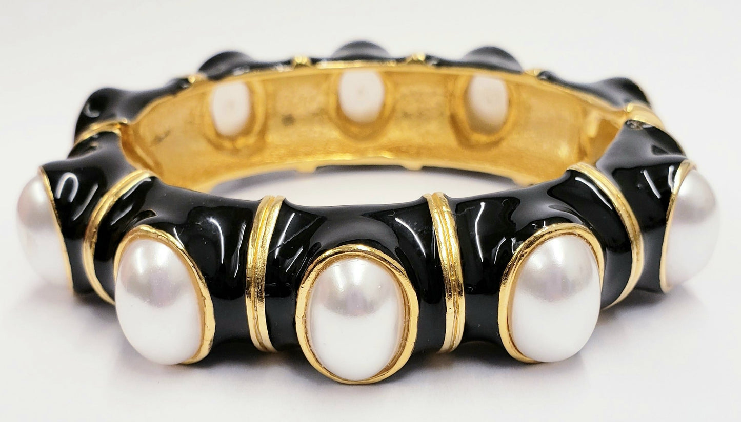 Gold With Black Enamel & Pearl Cabochons Hinged Bracelet