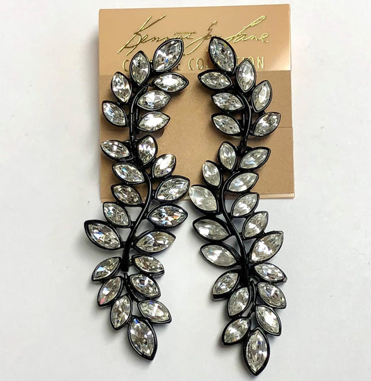 Black Plate Crystal Leaf Drop Clip Earring