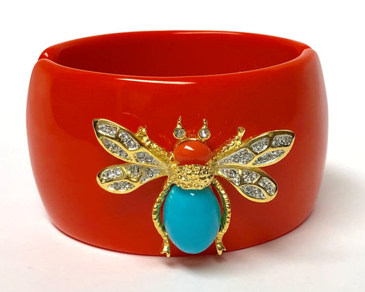 Coral Gold Turquoise-Coral Bee With Crystals Bracelet