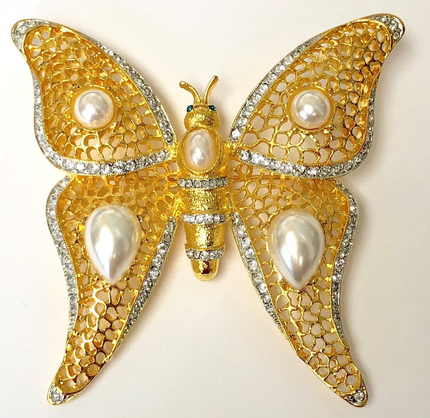 Gold With Pearls And Crystals Filigree Butterfly Pin