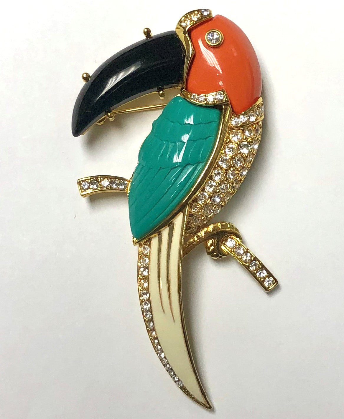 Gold White Coral Turquoise Black Parrot Pin