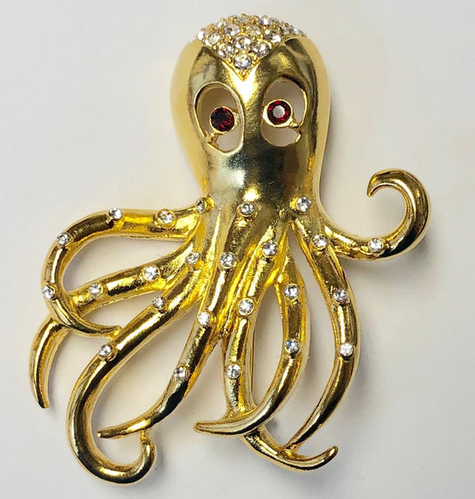 Gold With Crystals And Ruby Eyes Octopus Pin