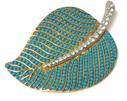 Gold Leaf Turquoise Dots And Crystal Stem Pin