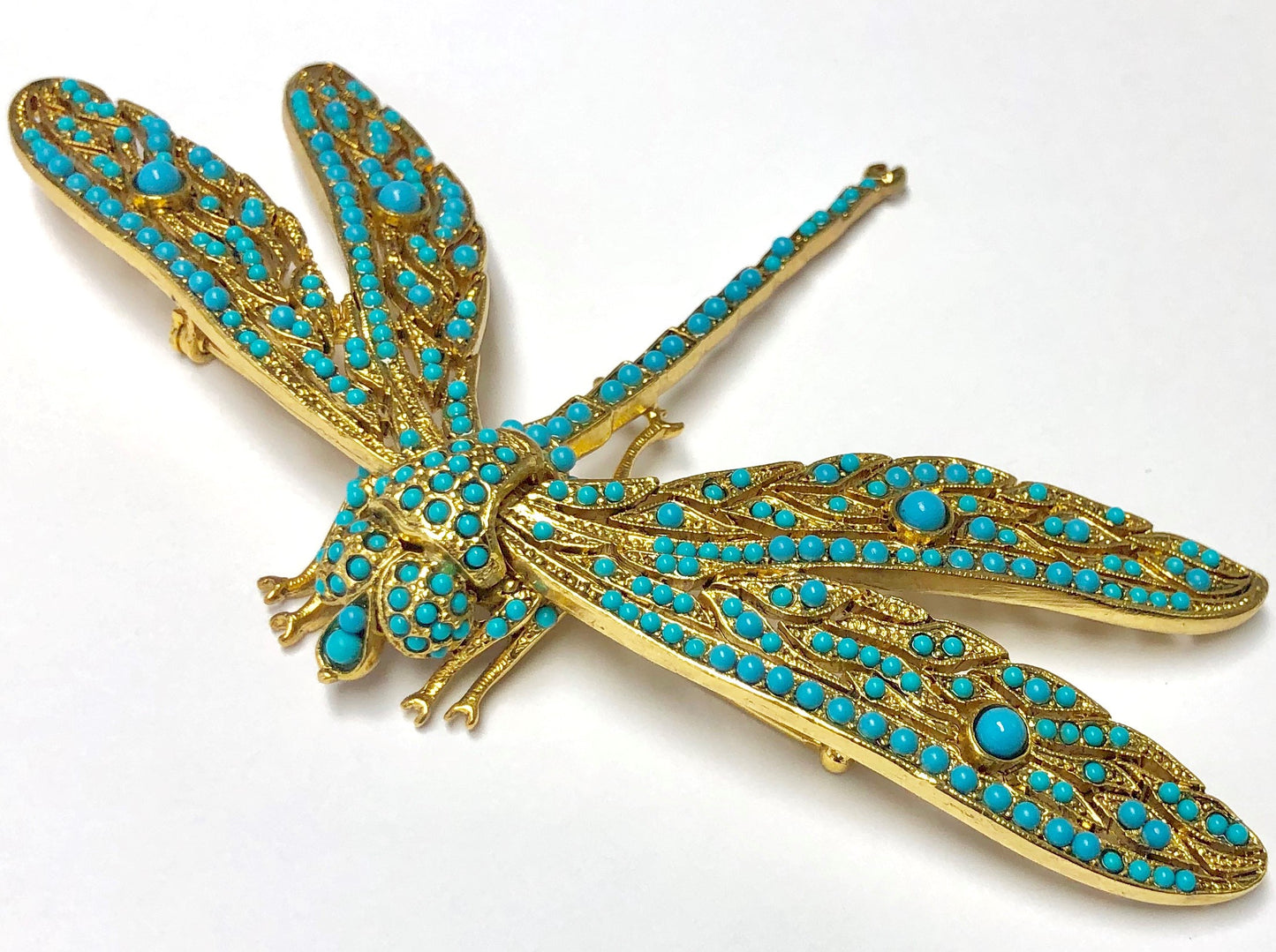 Gold With Turquoise Dots Dragonfly Pin