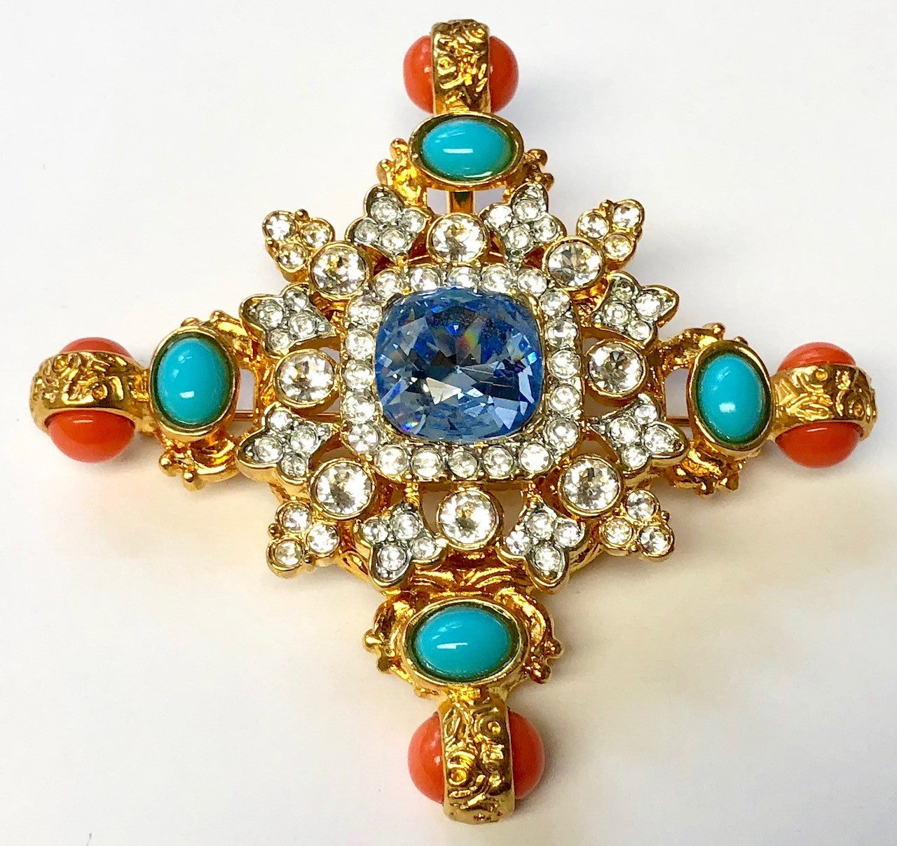 Gold Torquoise Aqua Coral Maltese Cross Pin