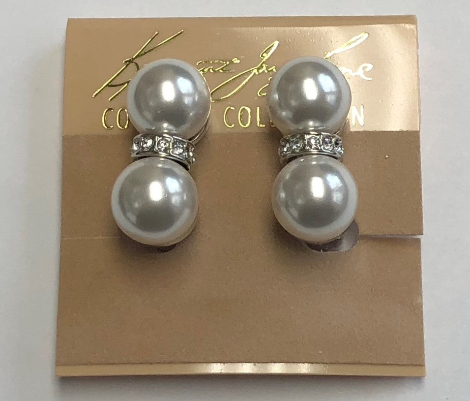 Rhodium Crystal Divider Double White Pearl Clip Earring