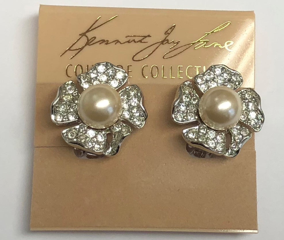 Rhodium Crystal Pearl Small Flower Clip Earring