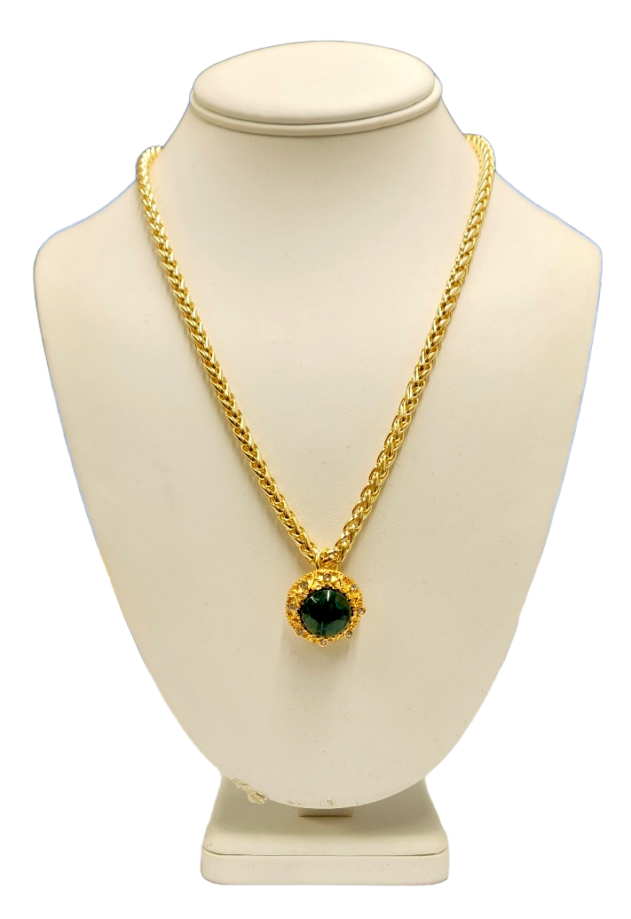 19" Gold Crystal Flaw Emerald Center Pendant Lobster Claw Necklace