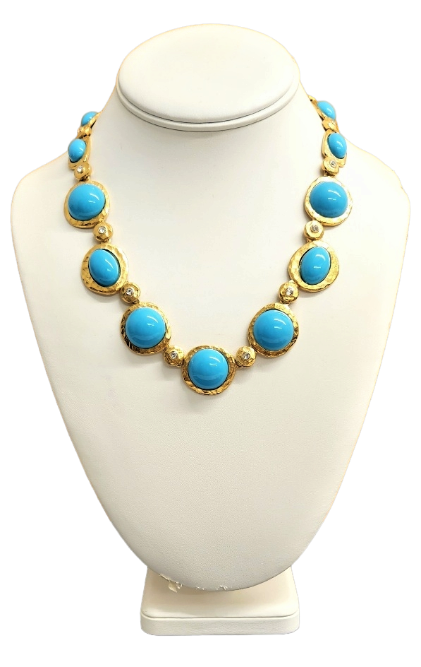 Gold with Crystal & Turquoise Cabochons Settings Necklace