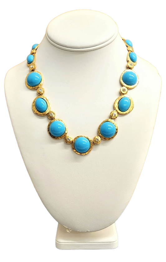 Gold with Crystal & Turquoise Cabochons Settings Necklace