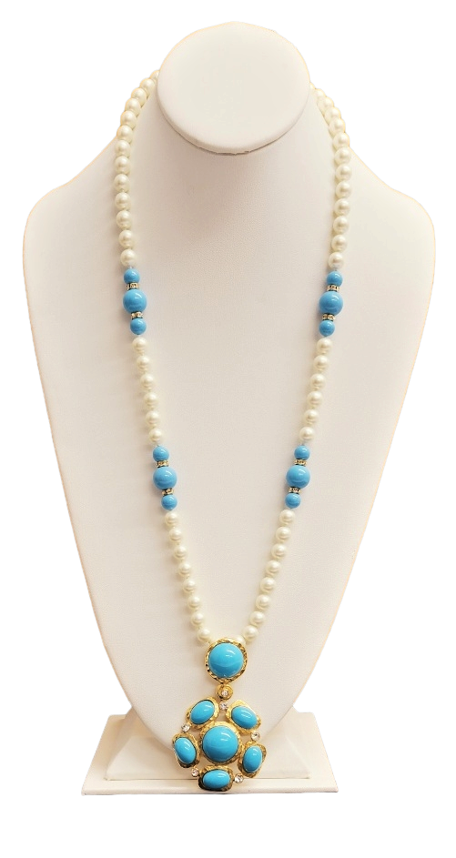 32"  Pearl Neck w- Turquoise Cabochons Satin Gold Pendant