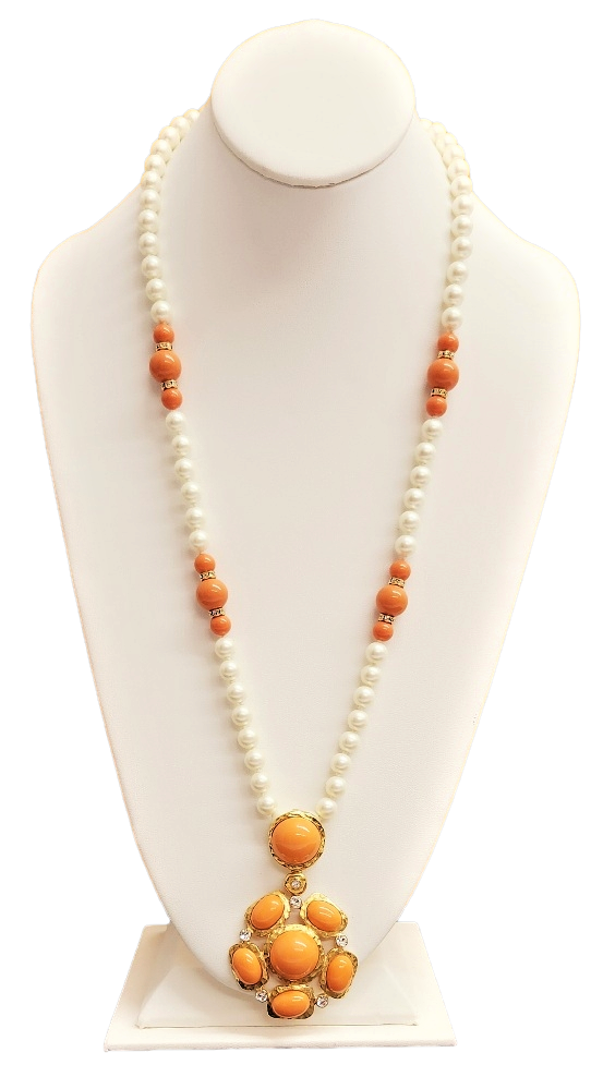 32"  Pearl Neck w- Coral Cabochons Satin Gold Pendant