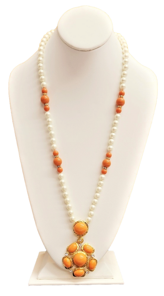 32"  Pearl Neck w- Coral Cabochons Satin Gold Pendant