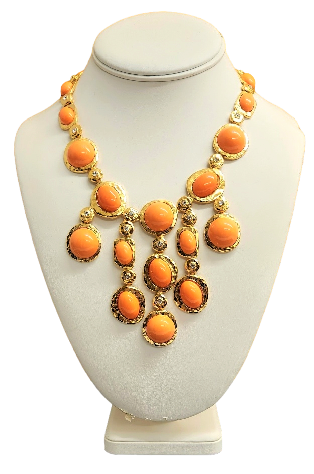 Gold-Crystal & Coral Cabochons Settings 5 Drops Necklace