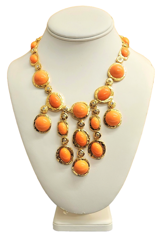 Gold-Crystal & Coral Cabochons Settings 5 Drops Necklace