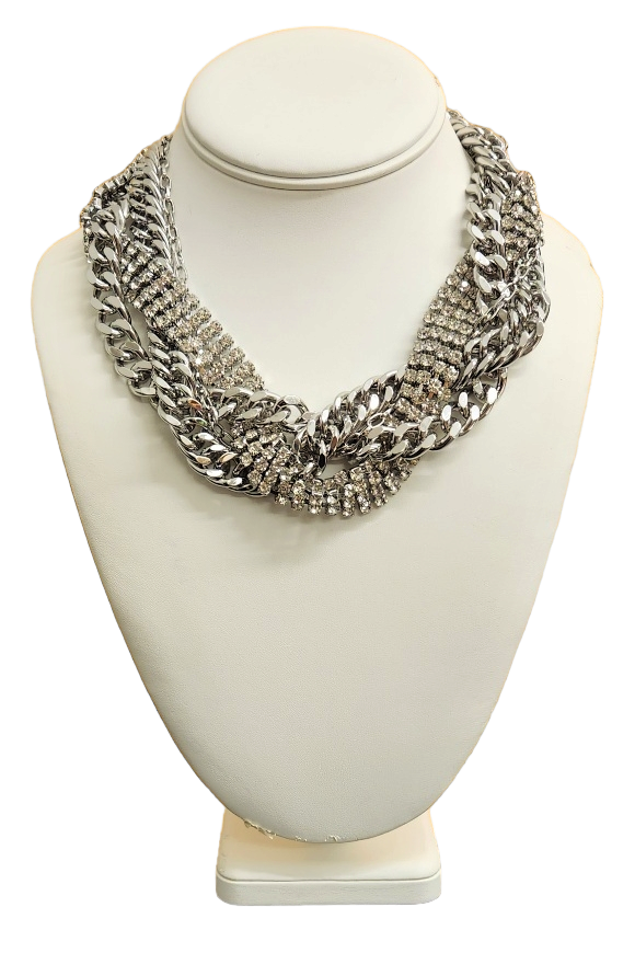 16+3" Ext. 4 Row Mixed Silver Chain with Rhinestone Necklace