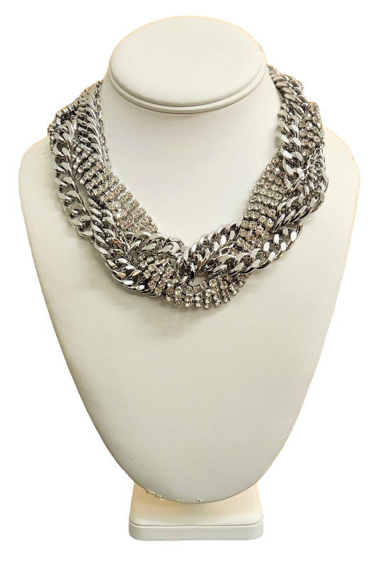 16+3" Ext. 4 Row Mixed Silver Chain with Rhinestone Necklace
