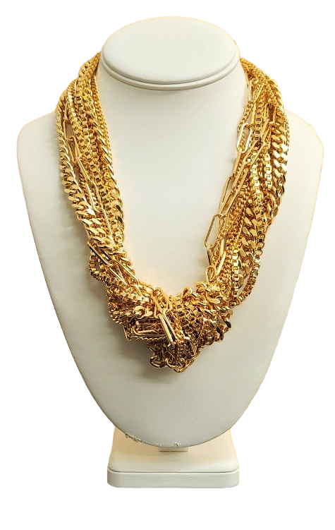 Eleven Row Mixed Gold Chain With Knotted Middle Necklace