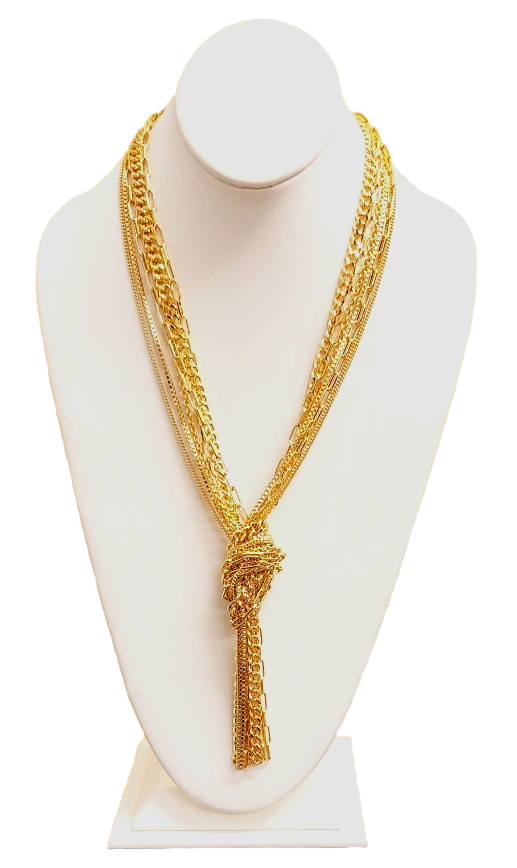 7 Row Gold Mixed Chain necklace With Knotted Chain Pendant Necklace
