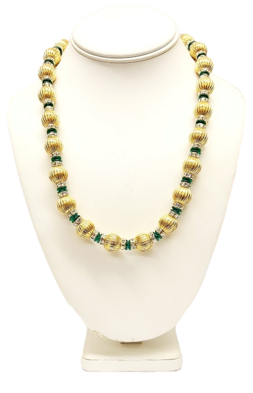 21" 14mm Fluted Gold Beads with Emerald & Crystal Rhondells Lobster Claw Necklace