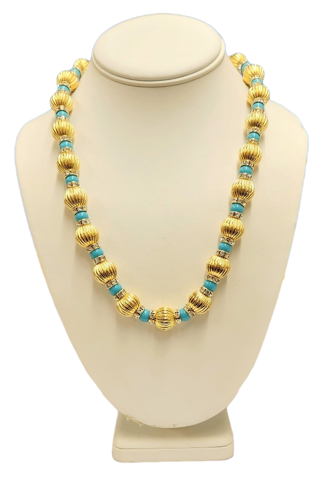 21" 14mm Fluted Gold Beads with Turquoise & Crystal Rhondells Lobster Claw Necklace