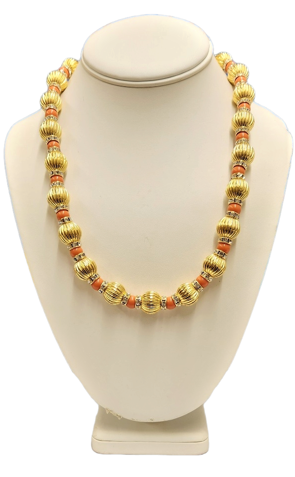 21" 14mm Fluted Gold Beads with Coral & Crystal Rhondells Lobster Claw Necklace