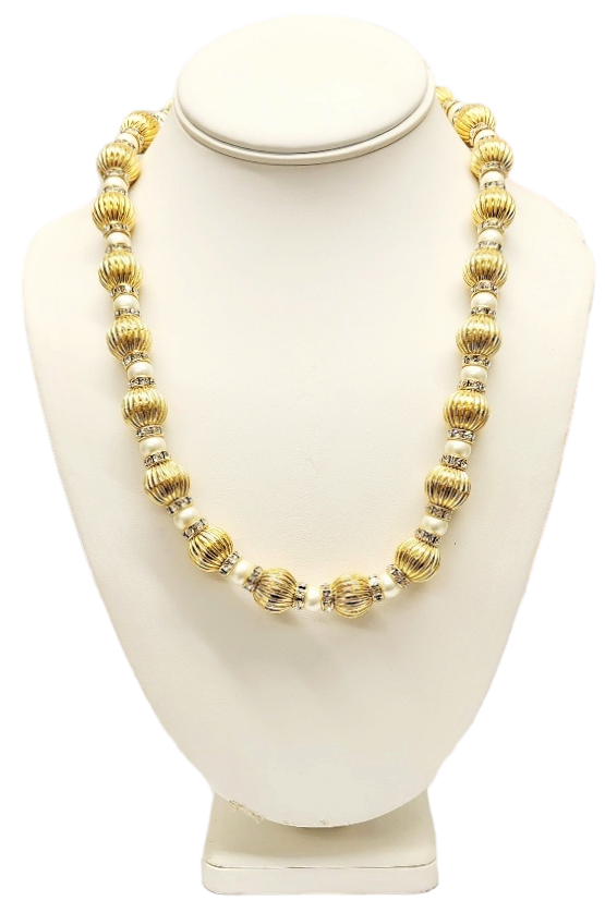 21" 14mm Fluted Gold Beads with Pearl & Crystal Rhondells Lobster Claw Necklace