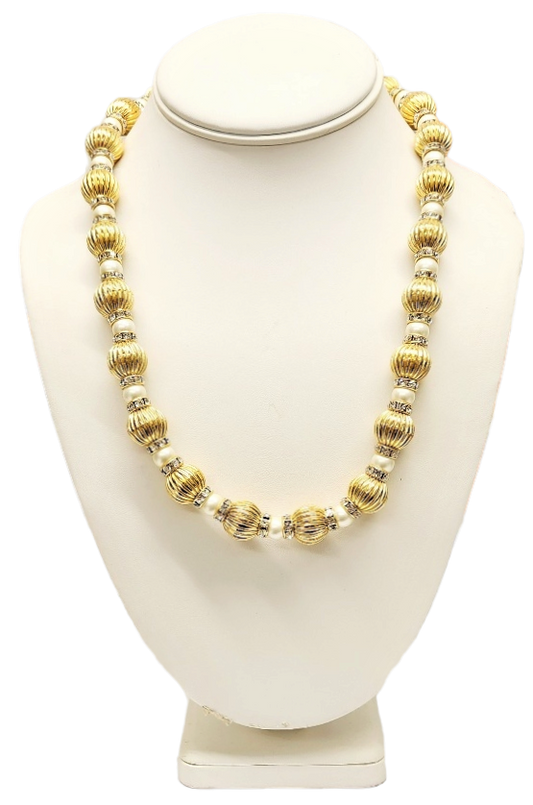 21" 14mm Fluted Gold Beads with Pearl & Crystal Rhondells Lobster Claw Necklace