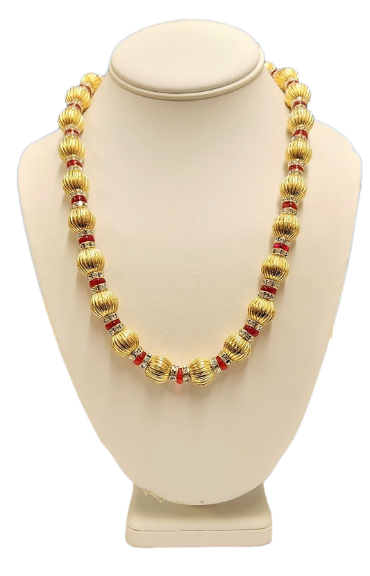 21" 14mm Fluted Gold Beads with Ruby & Crystal Rhondells Lobster Claw Necklace