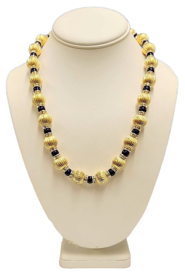 21" 14mm Fluted Gold Beads with Lapis & Crystal Rhondells Lobster Claw Necklace