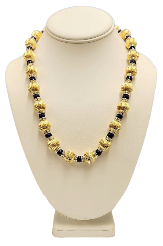 21" 14mm Fluted Gold Beads with Lapis & Crystal Rhondells Lobster Claw Necklace