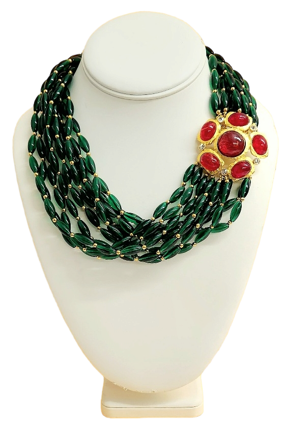 18" 10 Row Emerald Bead Necklace with Gold- Rhinestone & Flaw Ruby Stone Clasp