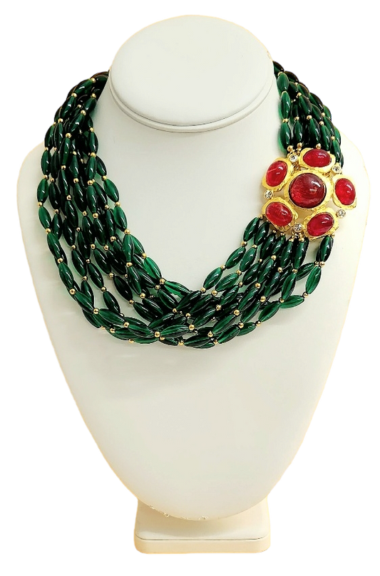 18" 10 Row Emerald Bead Necklace with Gold- Rhinestone & Flaw Ruby Stone Clasp
