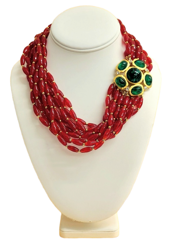 18" 10 Row Ruby Bead Necklace with Gold- Rhinestone & Flaw Emerald Stone Clasp