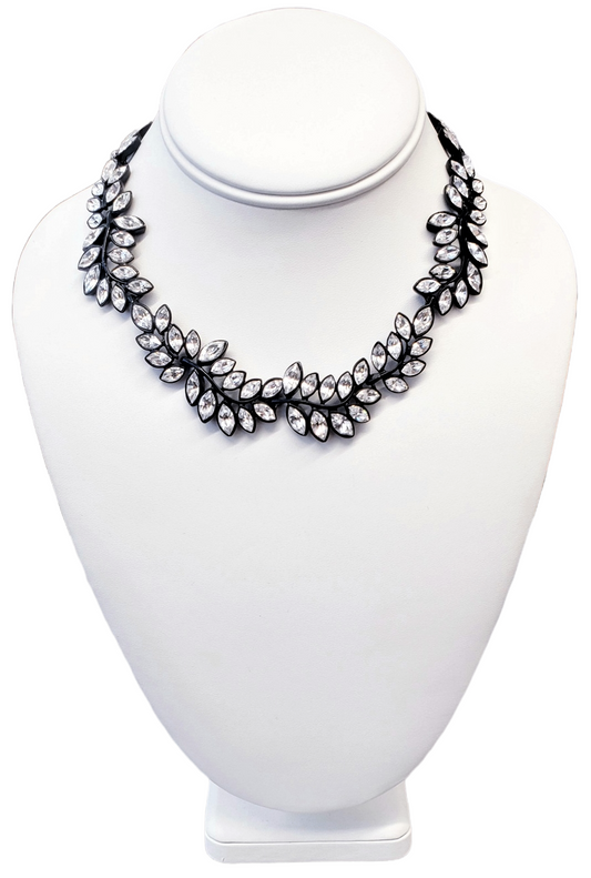 15.5" Black Plate Crystal Stones Leaf Necklace