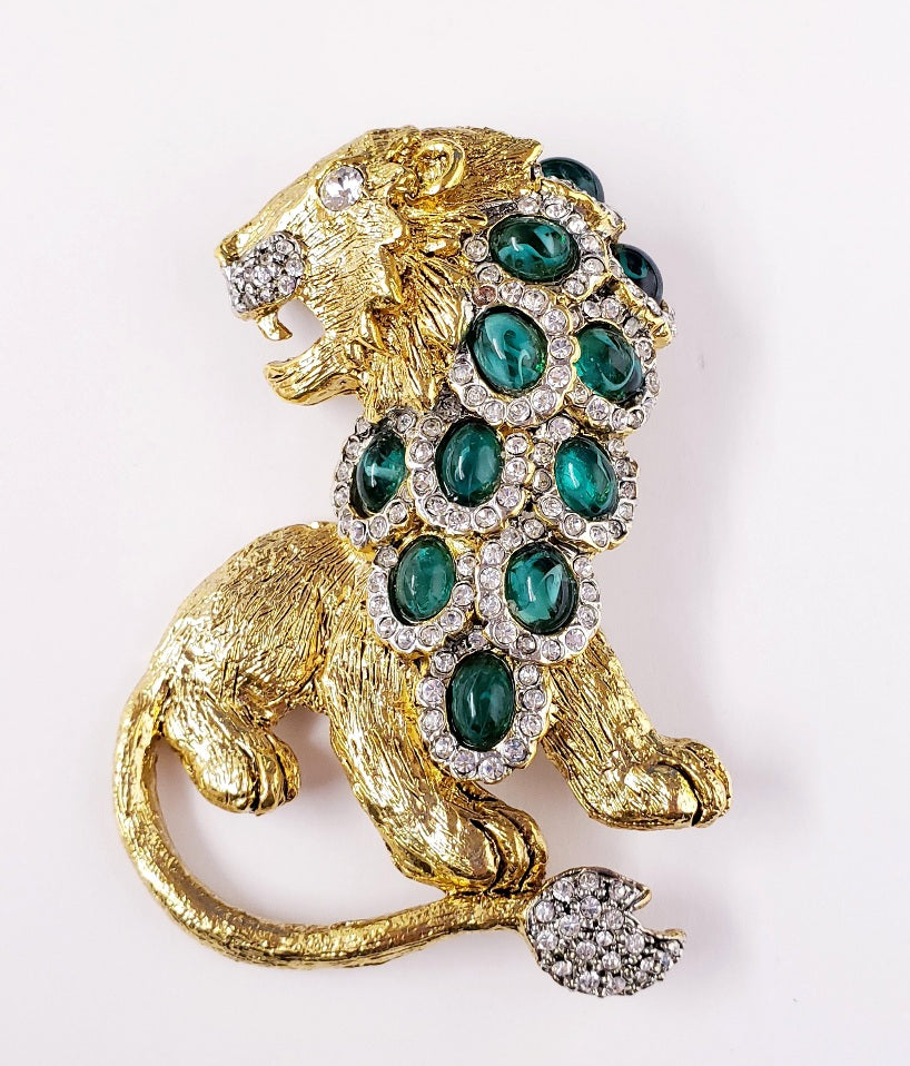 3" Gold Two Toned Rhinestone and Flaw Emerald Cabochon Lion Pin