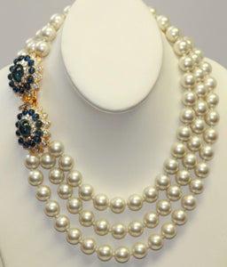 17" Barbara Bush 3 Row Pearl Necklace With Flawed Sapphire Clasp