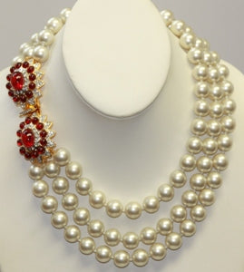 17" Barbara Bush 3 Row Pearl Necklace With Flawed Ruby Clasp