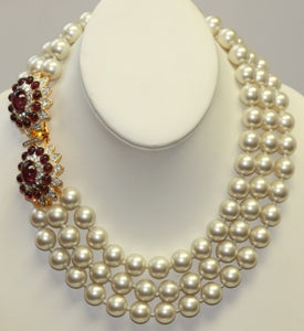 17" Barbara Bush 3 Row Pearl Necklace With Flawed Amethyst Clasp