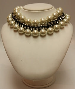 19"  1row Gunmetal-Crystal Bead 2row Light Cultura Pearl Necklace