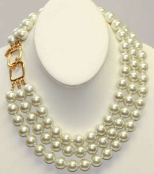 17" Barbara Bush 3 Row 12mm Cultura Pearl Necklace With Gold Clasp