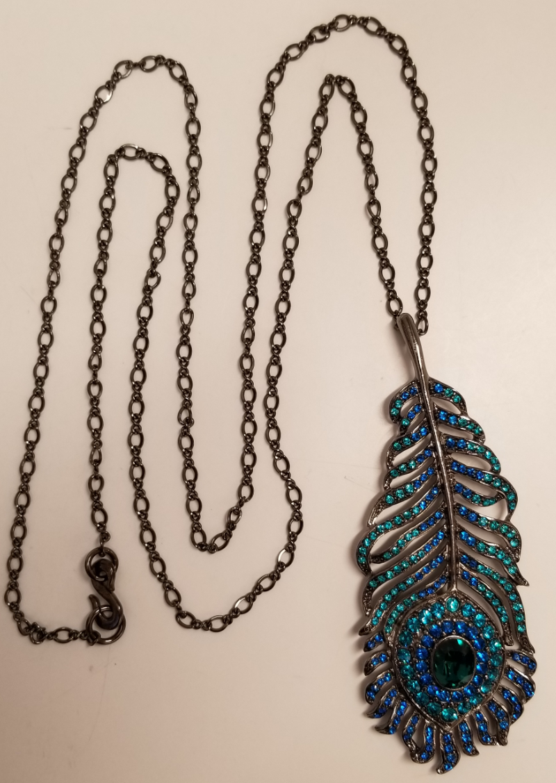 34" Gunmetal Peacock Feather Necklace